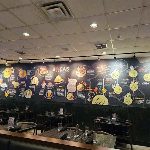 A Bocas Grill dining room with dark tables and chairs, and a large mural depicting the history of arepas.