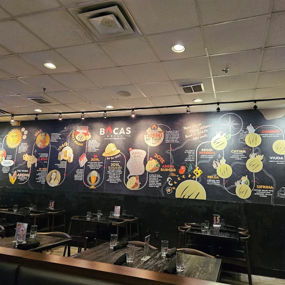 A Bocas Grill dining room with dark tables and chairs, and a large mural depicting the history of arepas.