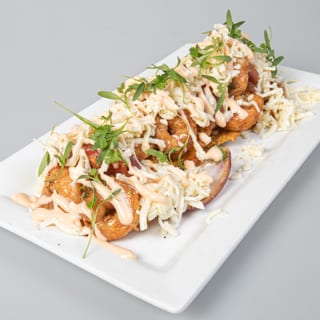 Fried Green Plantains With Wok Smoked Shrimp