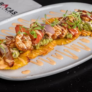 Shrimp and Guasacaca Tostones