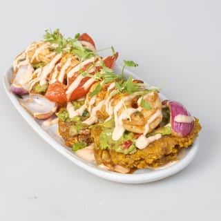 Fried Green Plantains W/ Shrimp & Guasacaca