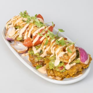Fried Green Plantains with shrimp and Guasacaca